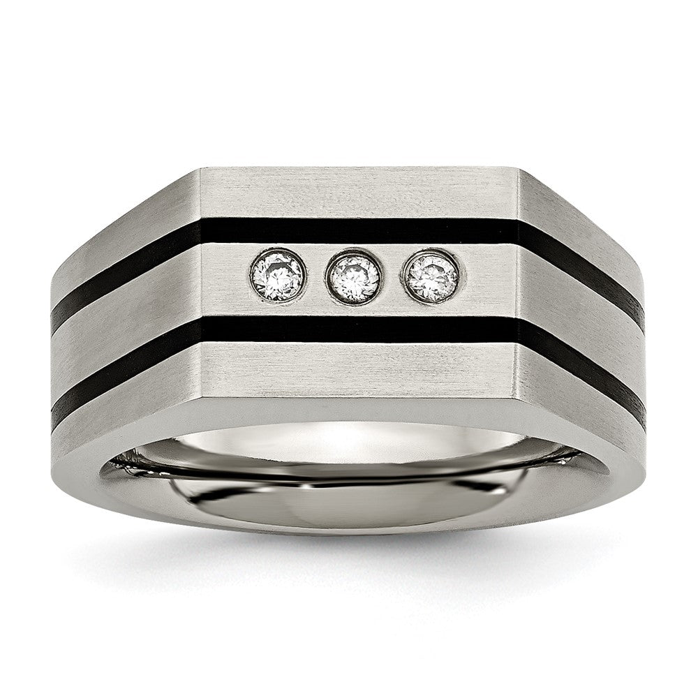 Titanium Brushed and Polished Black IP-plated CZ Signet Ring Size - 10