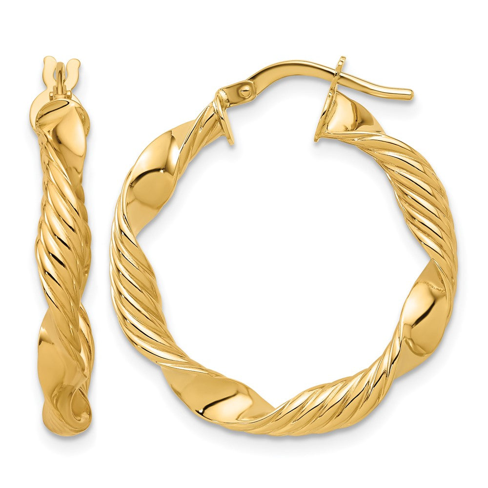 14K Gold Polished & Textured Round Hoop Earrings