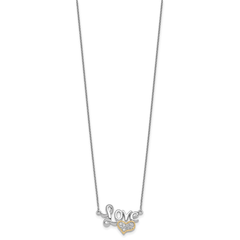 Sterling Silver Rhodium-plated with 14k Accent Polished CZ Love with Heart 16 inch with 2 inch Extension Necklace 16 Inches