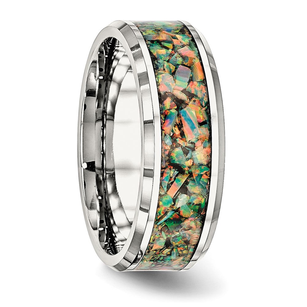 Stainless Steel Polished with Imitation Opal Inlay 8mm Band Size - 10.5