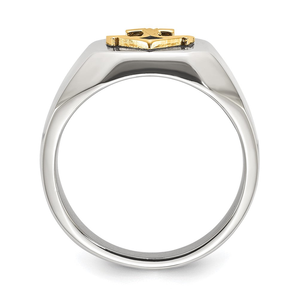 Chisel Stainless Steel Polished with Diamond-cut 14K Gold Accent Anchor with Black Enamel Signet Ring Size - 9