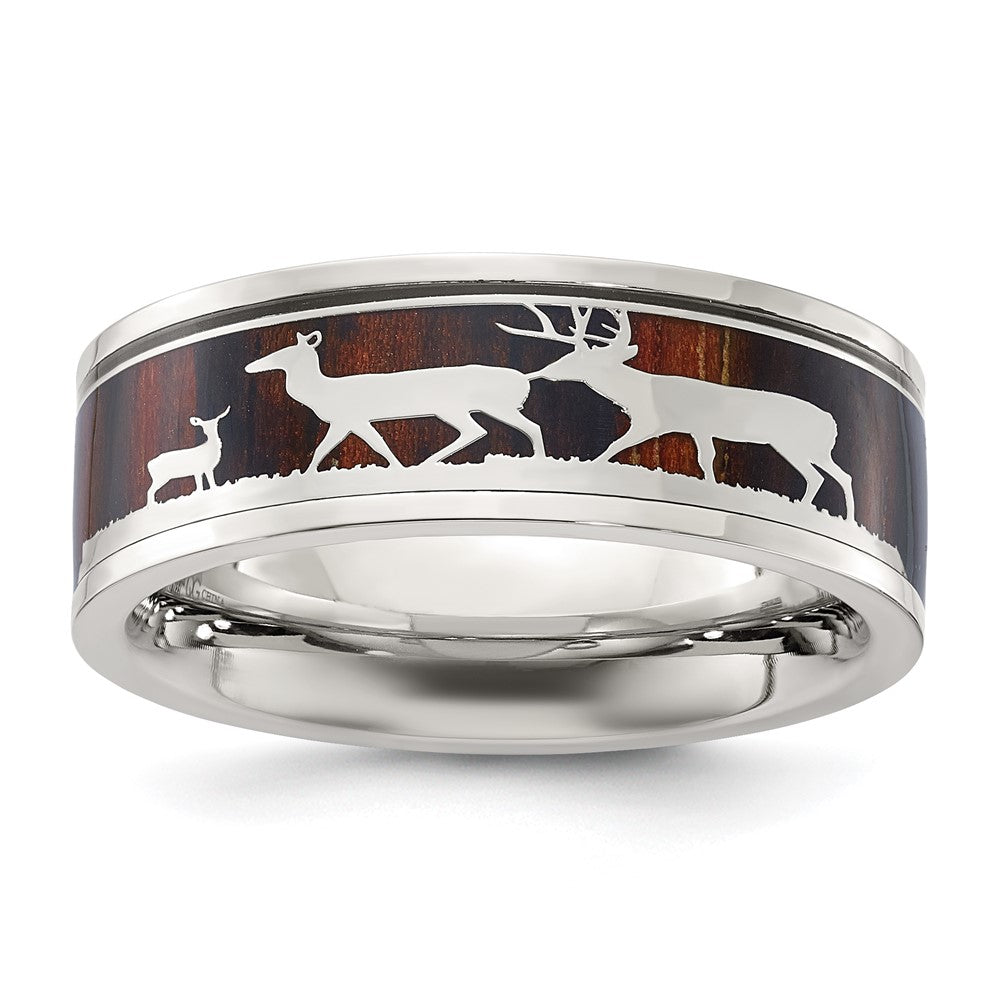 Stainless Steel Polished with Wood Inlay Deer Design 8mm Band Size - 10.5
