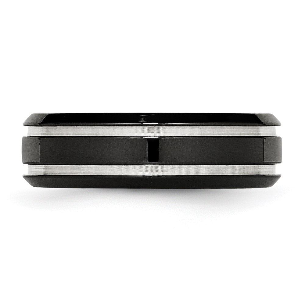 Stainless Steel Polished Black IP-plated 7mm Grooved Band Size - 10.5
