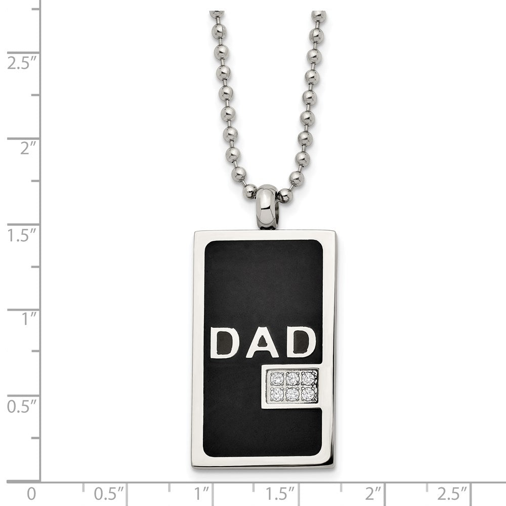Stainless Steel Polished Black IP-plated w/CZ Dad Dog Tag 24in Necklace