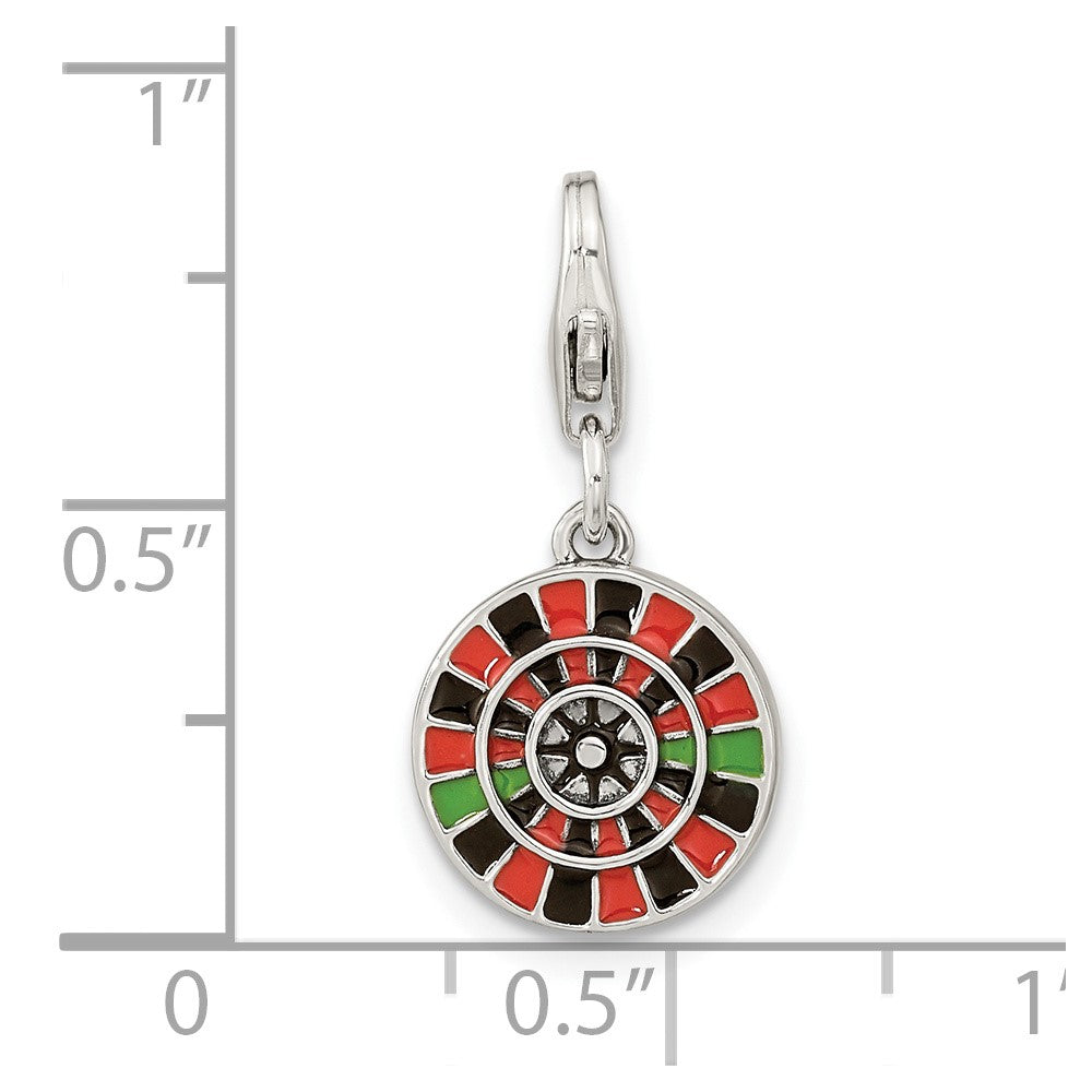 Amore La Vita Sterling Silver Rhodium-plated Polished Antiqued Enameled Reversible Las Vegas Roulette Charm with Fancy Lobster Clasp
