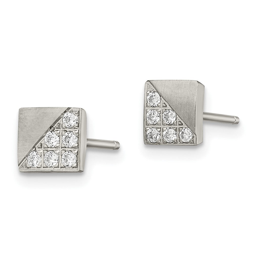 Stainless Steel Brushed w/CZ Square Post Earrings