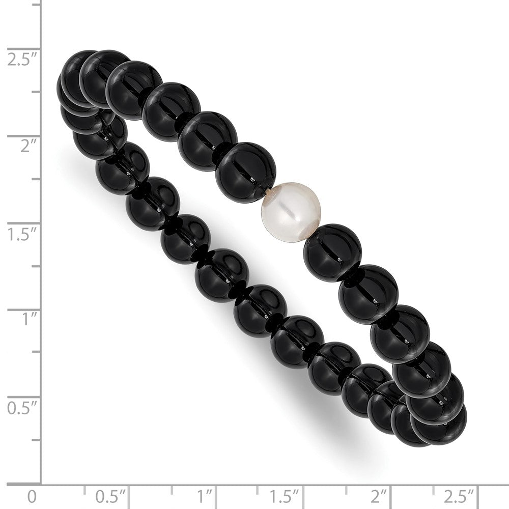 Chisel 8-9mm Black Onyx and White Freshwater Cultured Pearl Beaded 7.25 inch Stretch Bracelet 8 inches