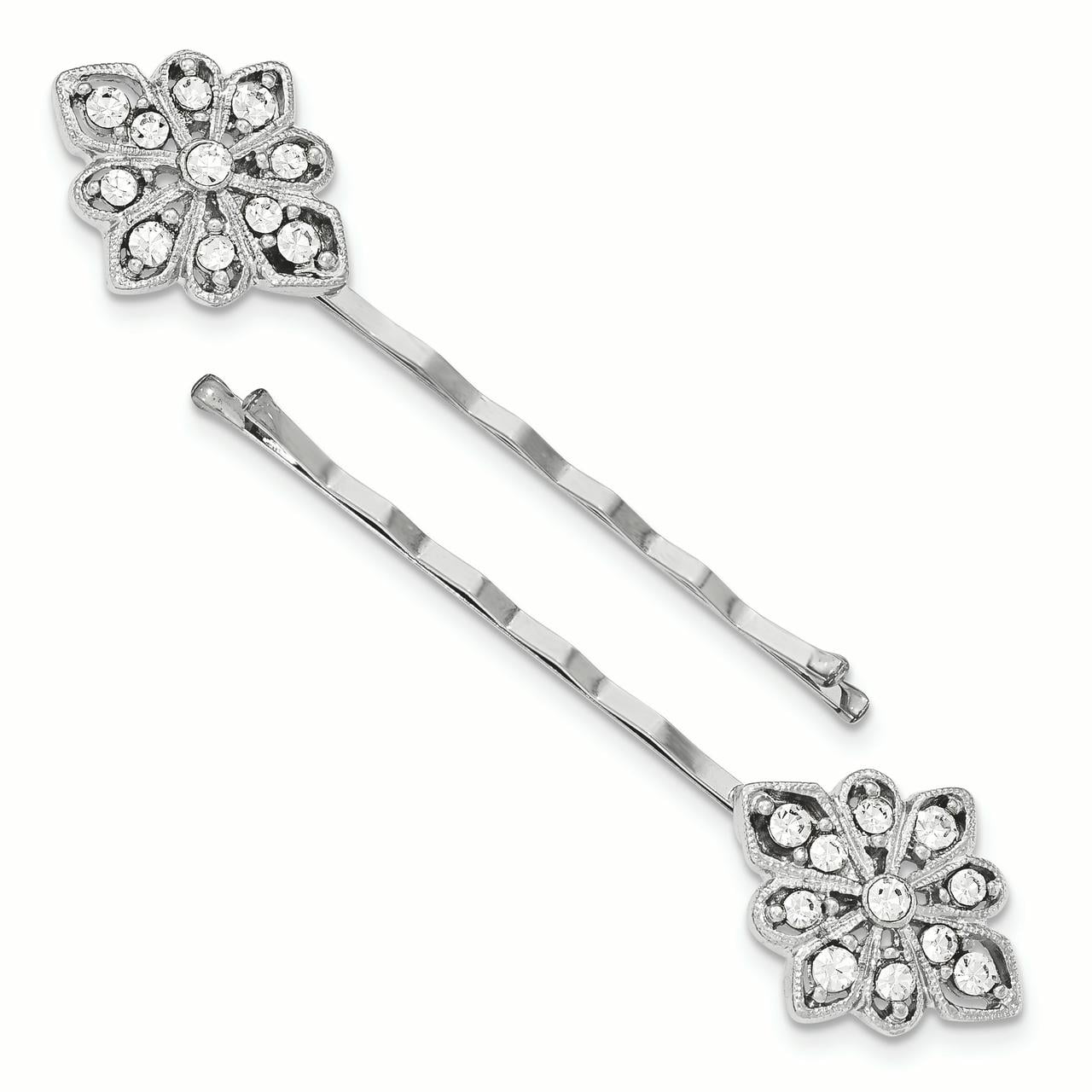 1928 Jewelry Set of 2 Silver-tone Filigree Clear Crystal Hairpins QBF2418