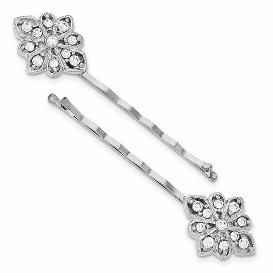 1928 Jewelry Set of 2 Silver-tone Filigree Clear Crystal Hairpins QBF2418