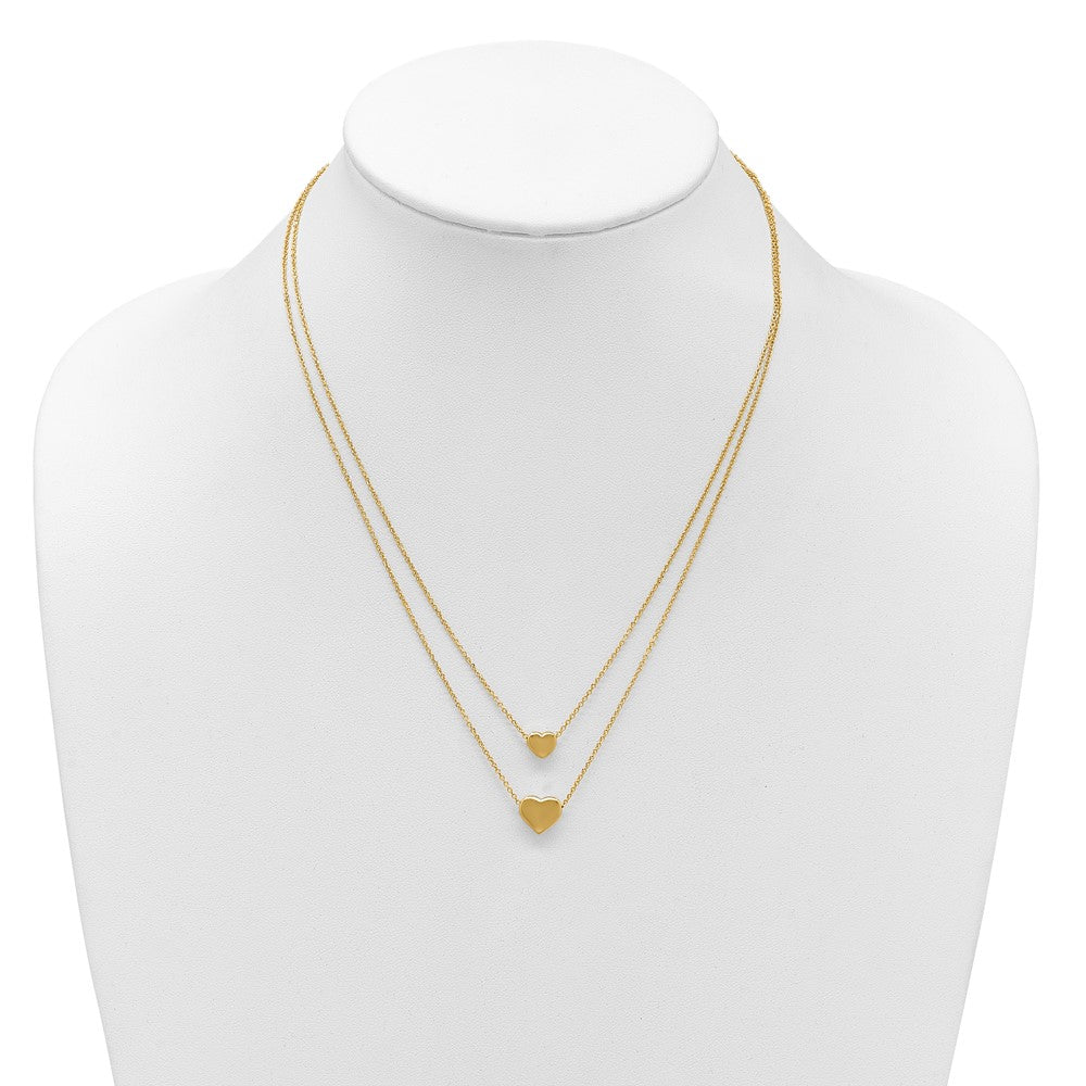 14K Polished Two-Strand Hearts with 1 Inch Ext. Necklace