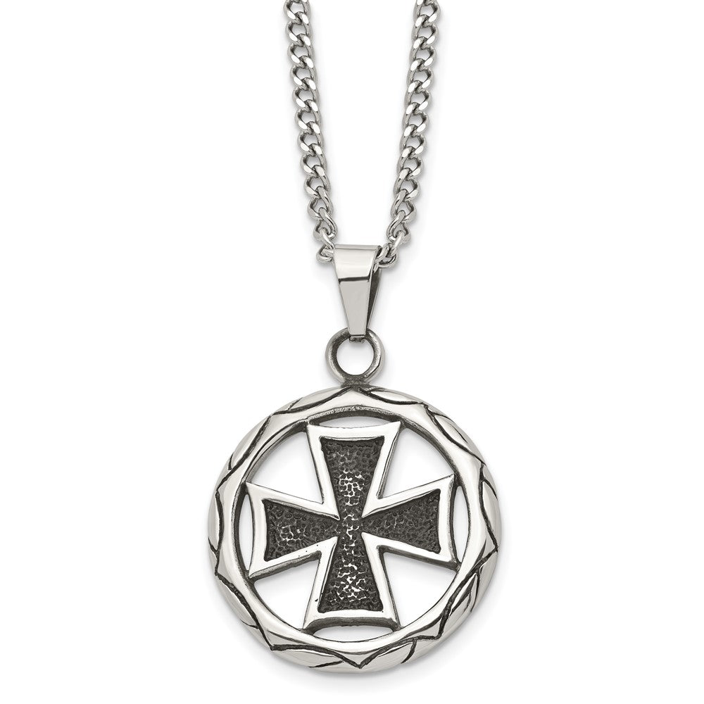 Stainless Steel Antiqued and Polished Cross in Circle 22in Necklace