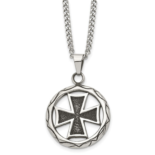 Stainless Steel Antiqued and Polished Cross in Circle 22in Necklace