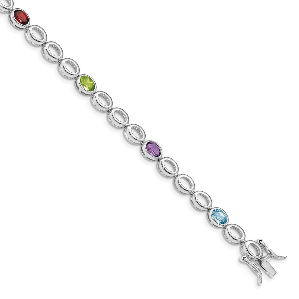 Sterling Silver Rhod-plat Amethyst Blue Topaz Garnet Peridot Bracelet 7.5 inches