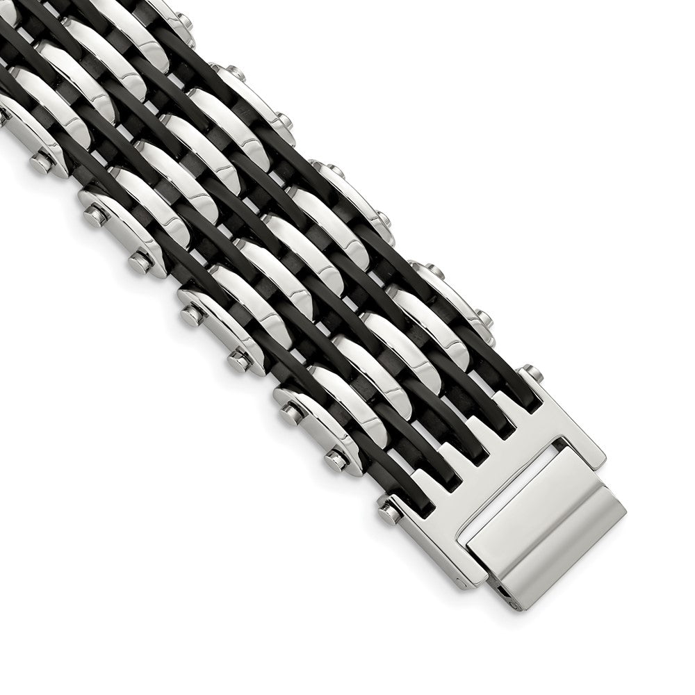 Stainless Steel Polished with Black Rubber 8.5in Bracelet 8.75 inches