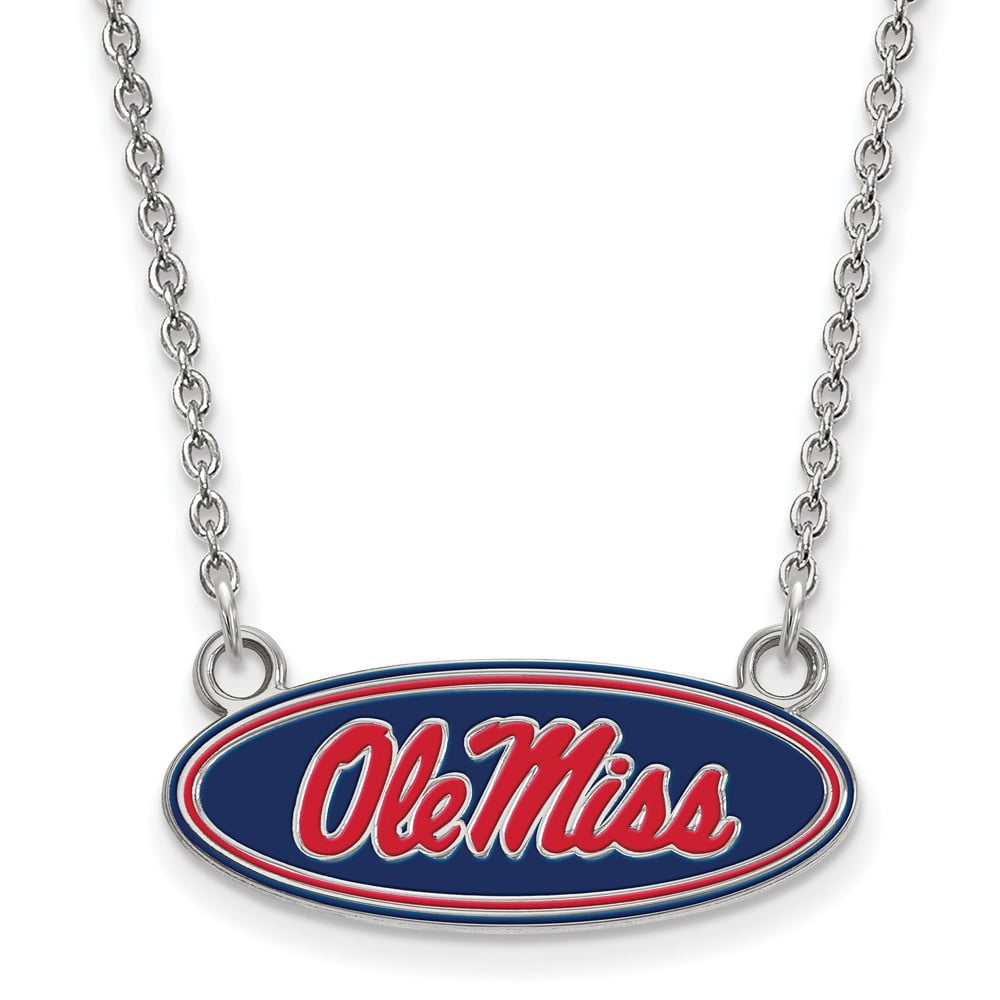 Sterling Silver LogoArt Official Licensed Collegiate 18in University of Mississippi (UMS) Small Enamel Pendant w/necklace