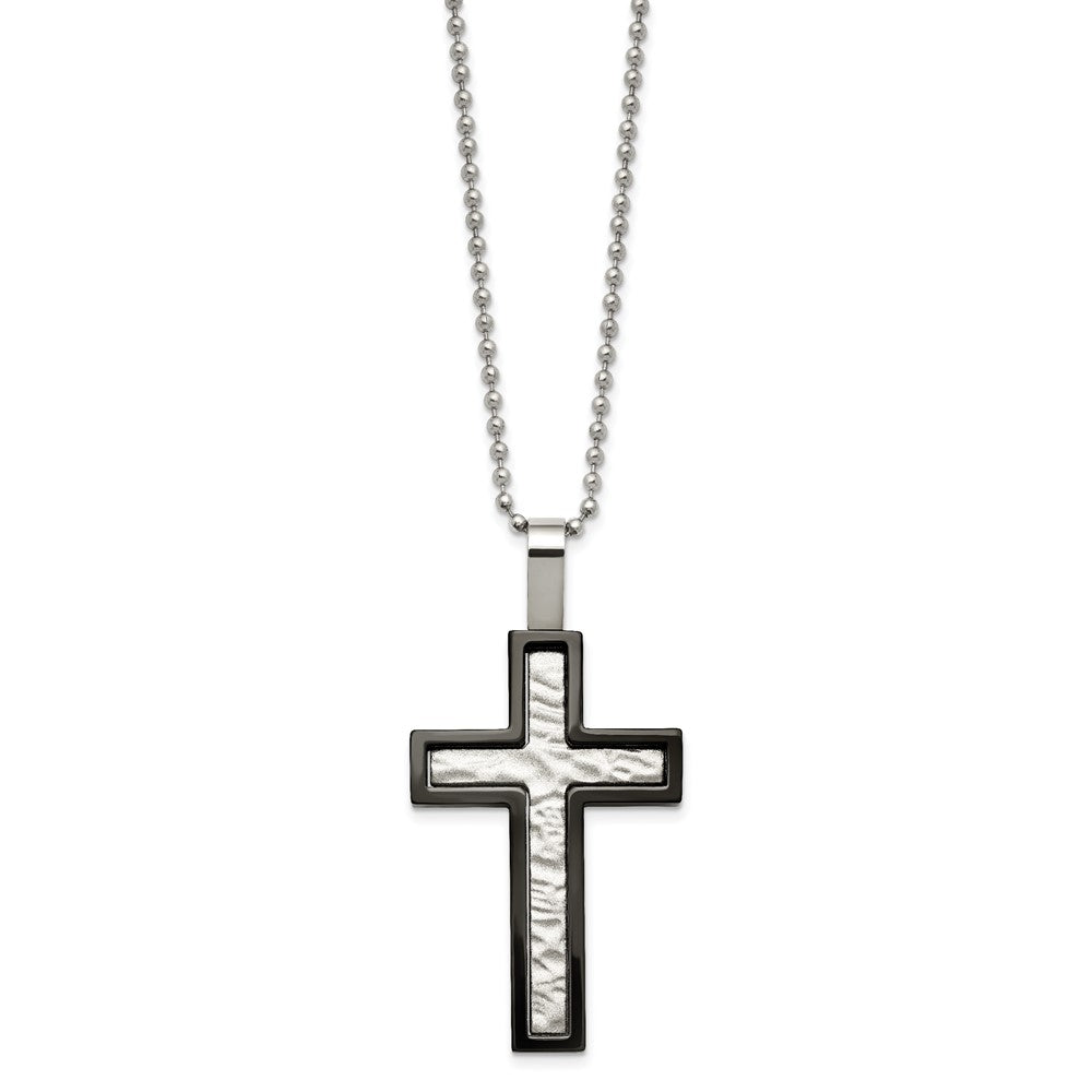 Stainless Steel Brushed and Polished Hammered Black IP Cross Necklace