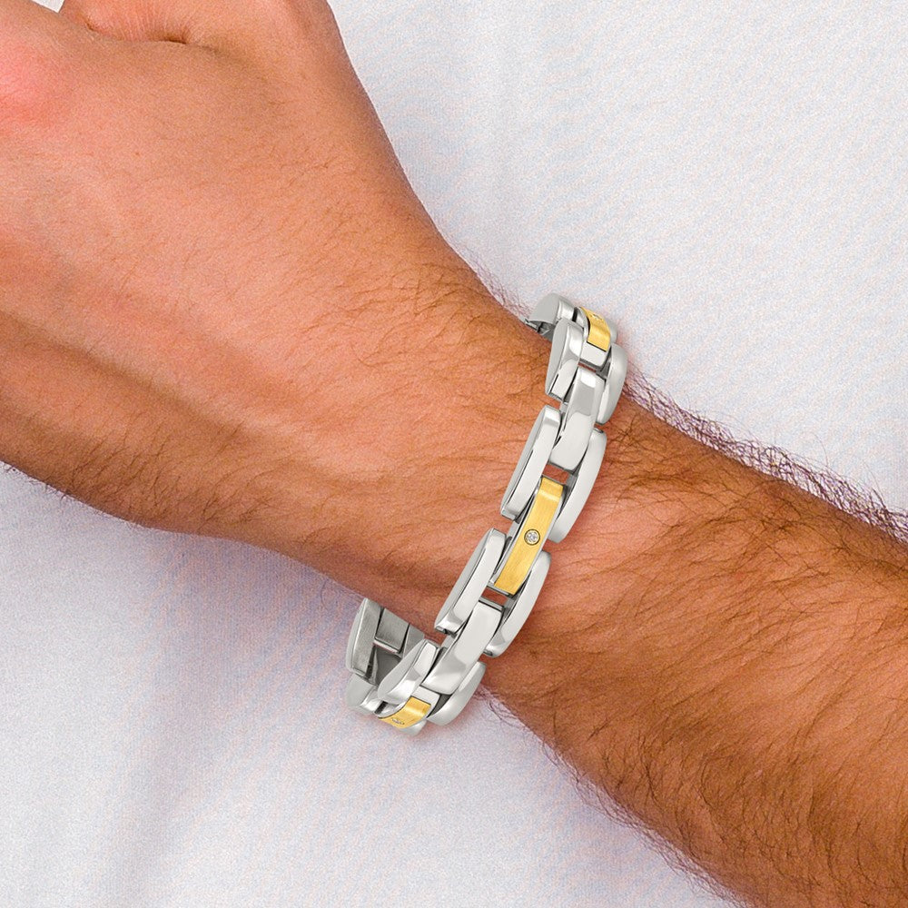 Stainless Steel w/14k Accent 8.25in Brushed & Polished w/Diamonds Bracelet 8.5 inches