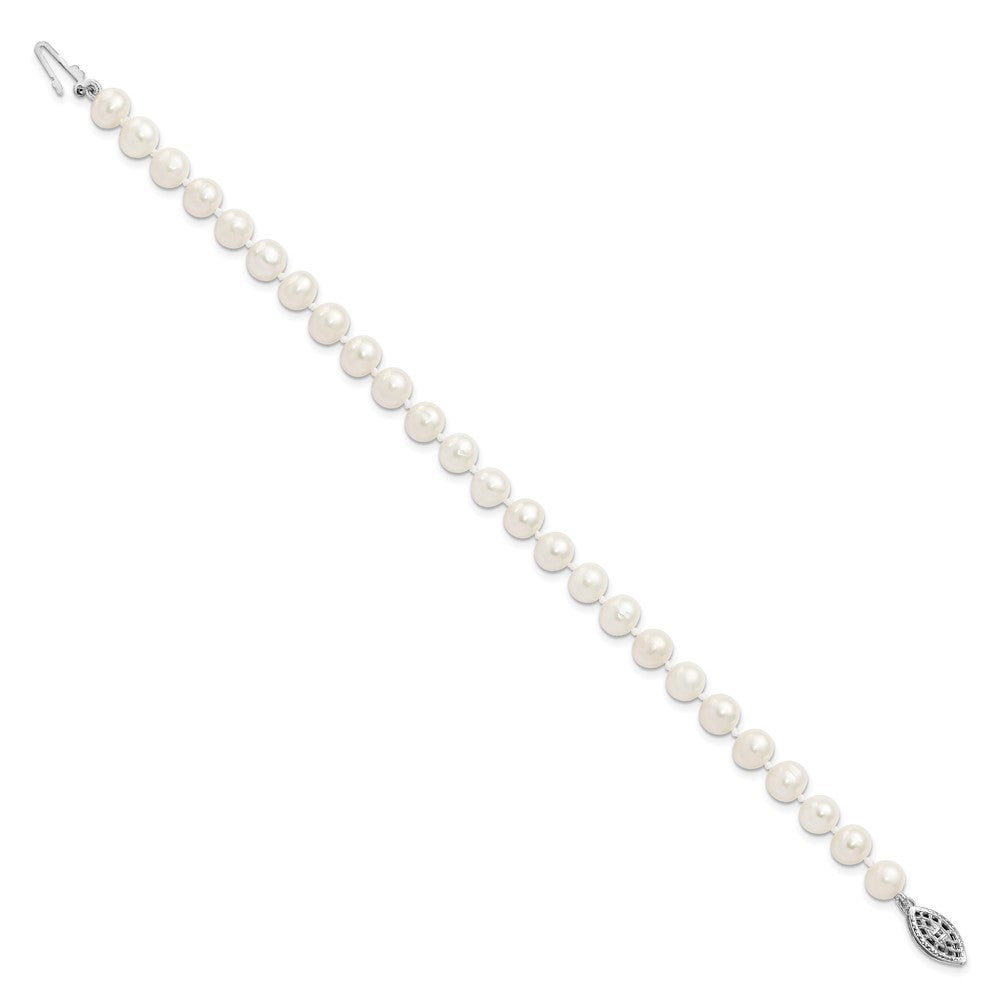 Sterling Silver Rhodium-plated 6-7mm White Near-Round Freshwater Cultured Pearl 7.25 inch Bracelet 7.25 inches