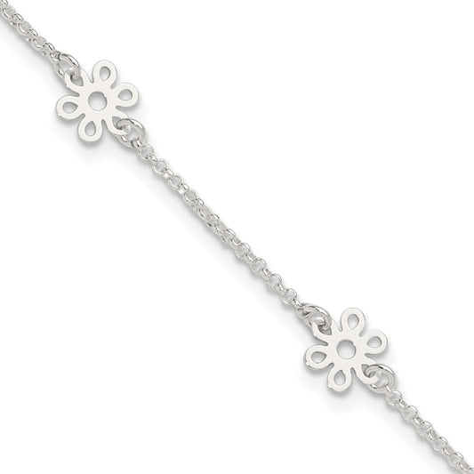 Sterling Silver Polished Flower 10in Plus 1in Ext. Anklet