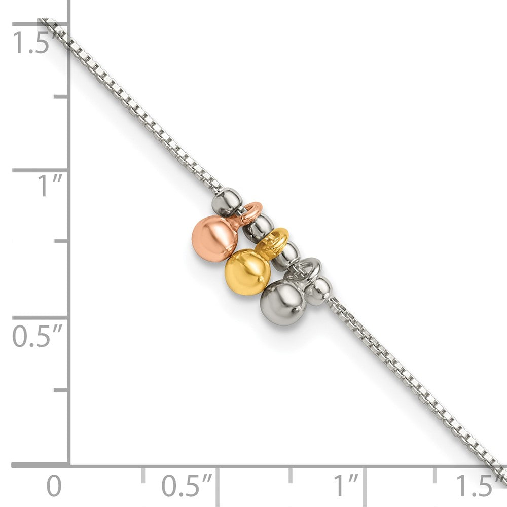Sterling Silver with Rose and Gold-Tone Dangle Beads 9in Plus 1in ext Ankle 9 inches