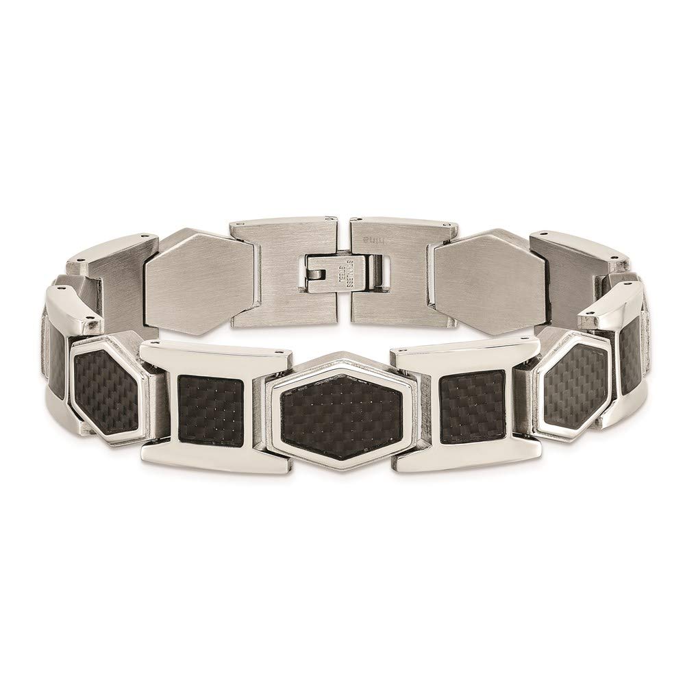 Stainless Steel Polished with Black Carbon Fiber Inlay 8.75in Bracelet 8.75 inches