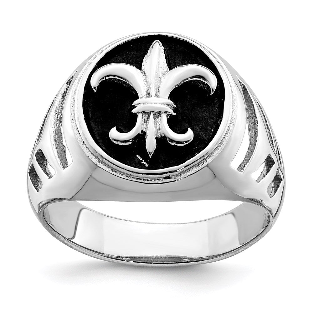 Sterling Silver Rhodium-plated & Antiqued Plated Fleur de lis Ring