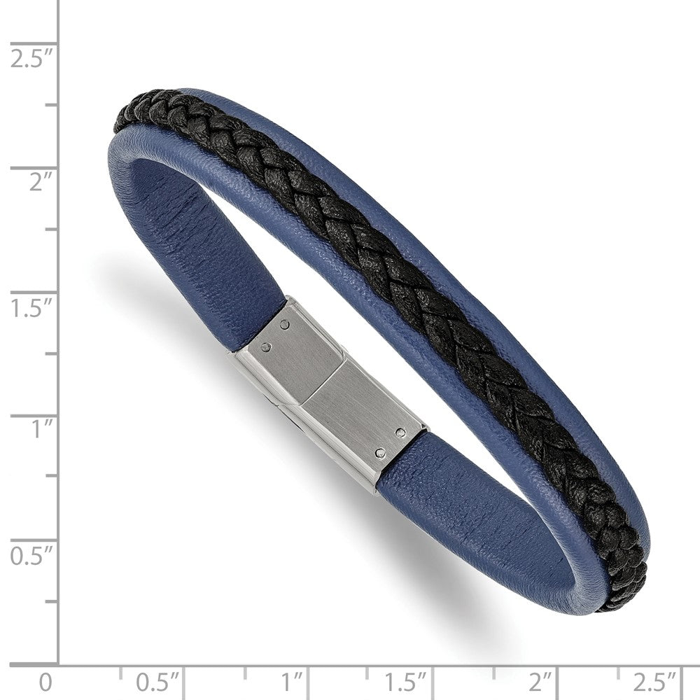 Stainless Steel Polished Blue and Black Faux Leather 8.25in Bracelet 8.25 inches