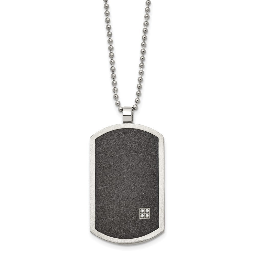 Stainless Steel Brushed Laser Cut Black IP-plated w/CZ Dog Tag Necklace