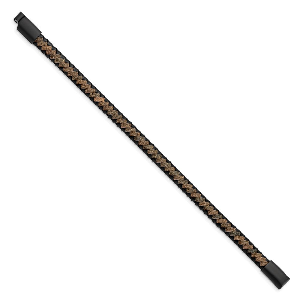 Stainless Steel Brushed Black IP-plated Black/Brown Leather 8.25in Bracelet 8.25 inches