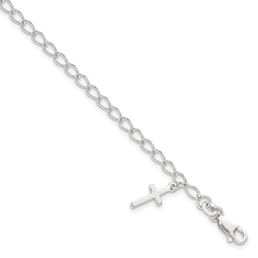 Sterling Silver Polished Latin Cross Charm with 1in Ext. Children's Bracele 7 inches