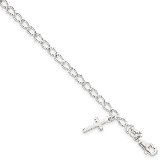 Sterling Silver Polished Latin Cross Charm with 1in Ext. Children's Bracele 7 inches