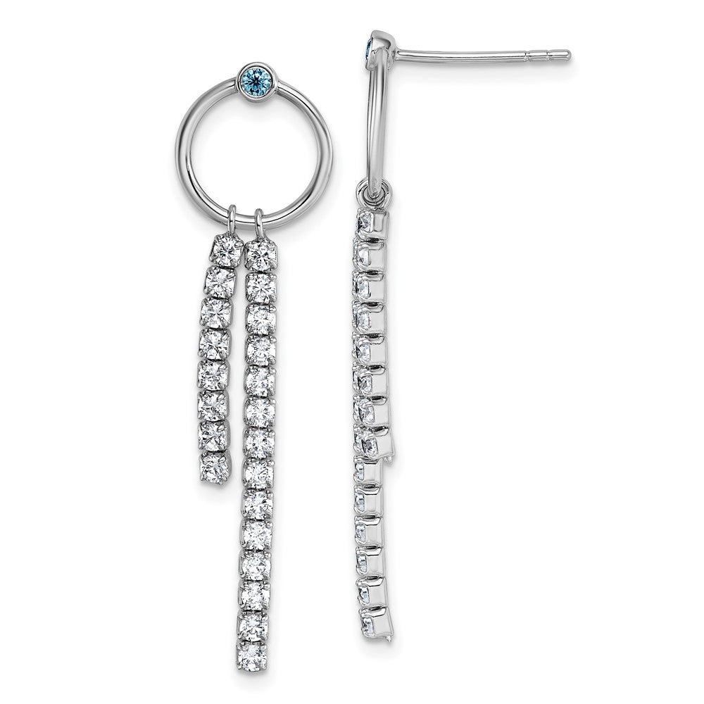 Sterling Silver Rhodium-plated Blue and White CZ Circle with 2 Drops Dangle Post Earrings