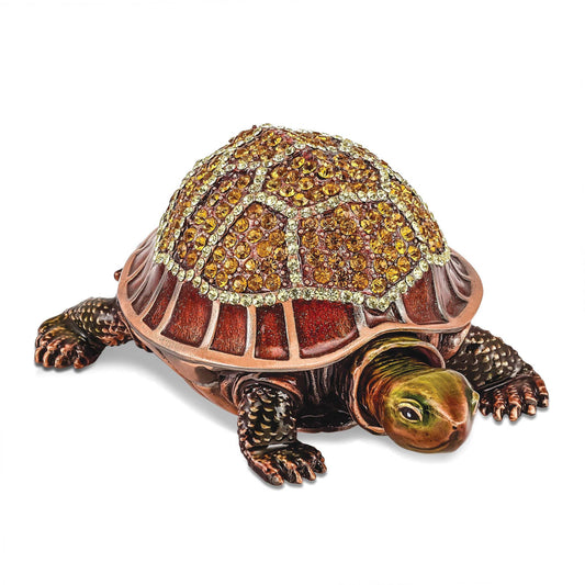 Luxury Giftware Pewter Bejeweled Crystals Rose-tone Enameled RHODA Tortoise w/Moving Head Trinket Box with Matching 18 Inch Necklace QBJ4053