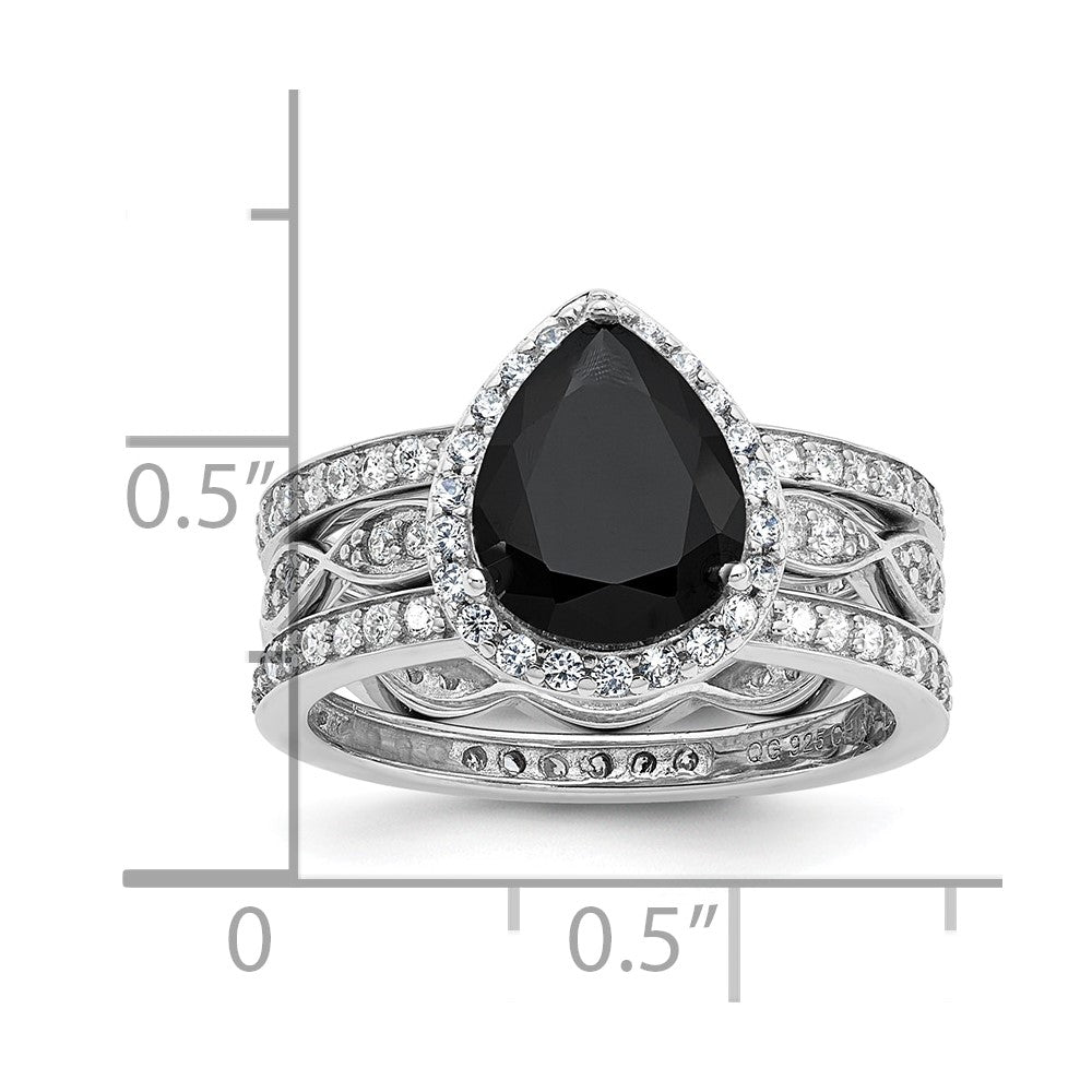 Cheryl M Sterling Silver Rhodium-plated Polished Black and White CZ Teardrop Halo 3 Ring Set