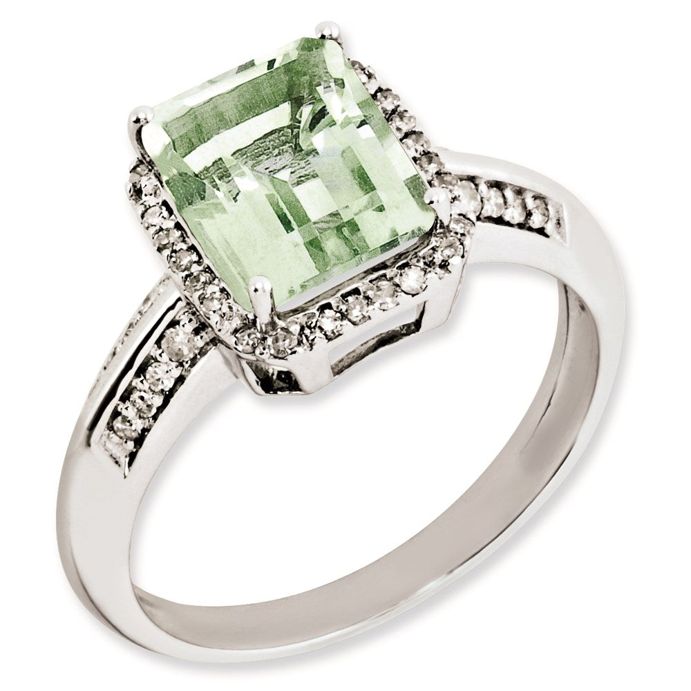 Sterling Silver Rhodium-plated Octagonal Diamond & Green Quartz Ring