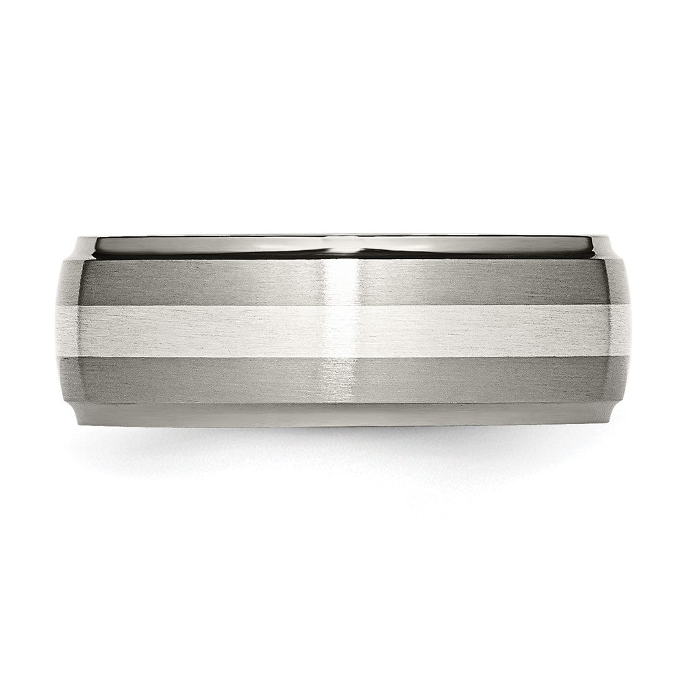 Titanium Brushed/Polished w/Sterling Silver Inlay 8mm Ridged Edge Band Size - 10