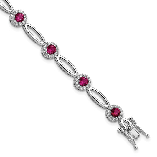 Cheryl M Sterling Silver Rhodium-plated Polished Fancy Lab Created Ruby and CZ Halo Bracelet 7.5 inches