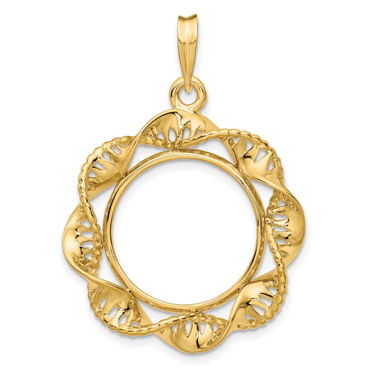 Wideband Distinguished Coin Jewelry 14k Polished Fancy Twisted Ribbon 17.8mm Prong Coin Bezel Pendant