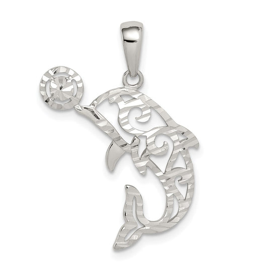 Sterling Silver Diamond-cut Dolphin w/Ball Pendant