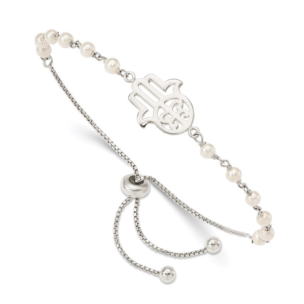 Sterling Silver Hamsa w/ Simulated Pearl Adjustable Bracelet 9 inches