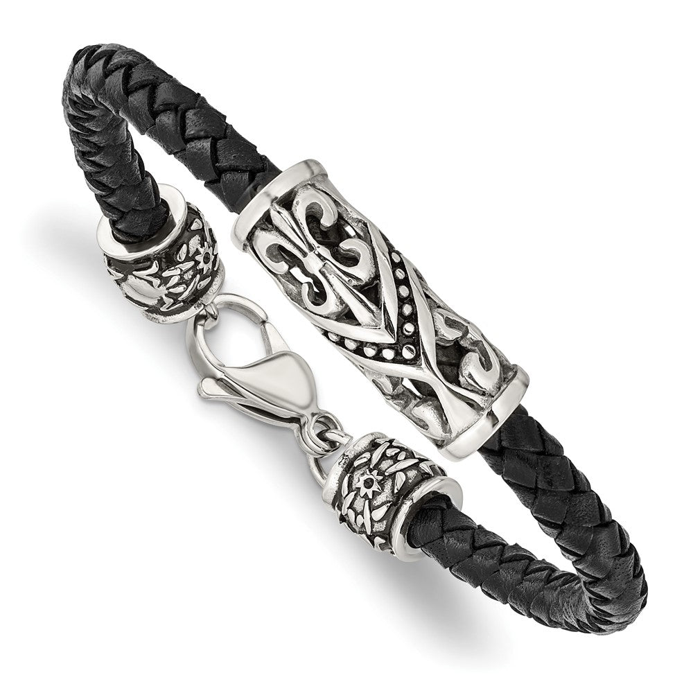 Stainless Steel Antiqued & Polished Fleur De Lis Black Leather Bracelet 8.5 inches
