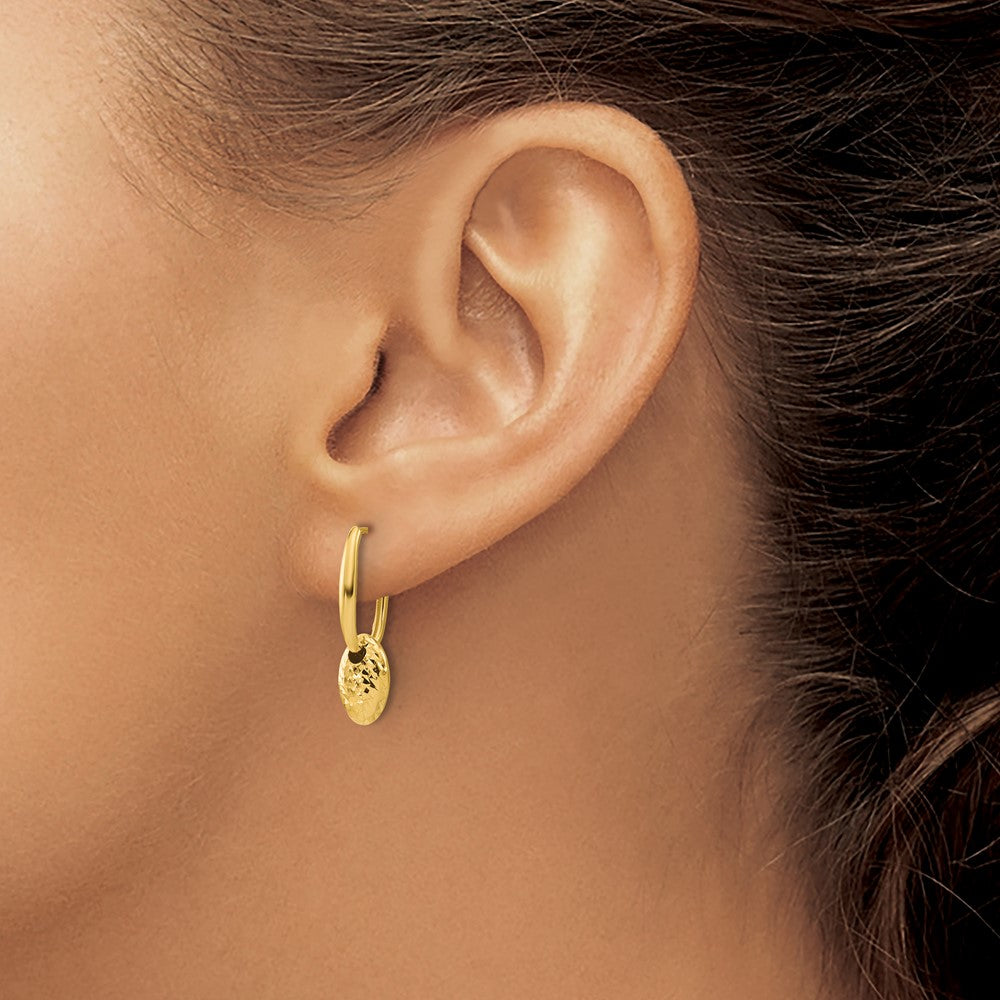 14K Polished / Dia-cut Oval w/Bead Hinged Hoop Earrings