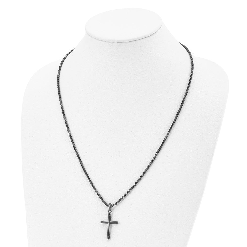 Stainless Steel Polished Blue/Grey IP-plated 24in Cross Necklace