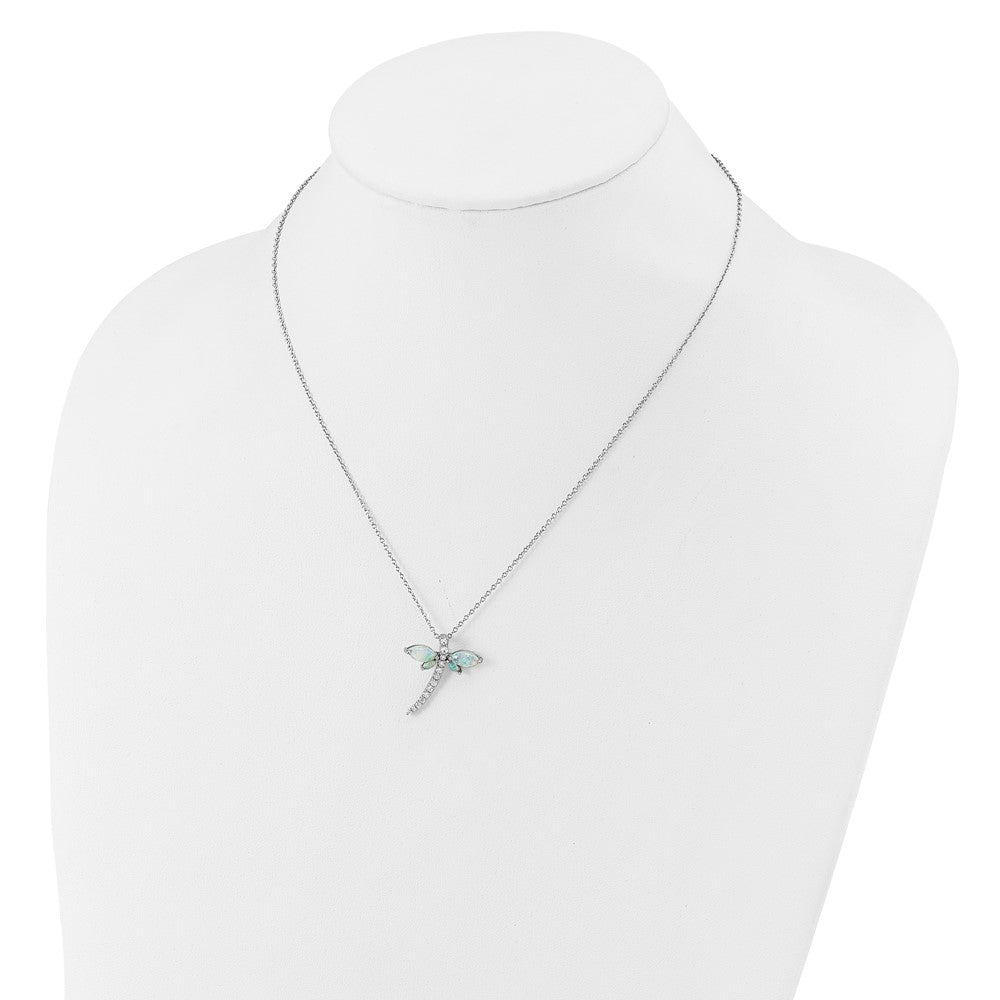 Cheryl M Sterling Silver Rhodium-plated Polished Lab Created Opal and CZ Dragonfly with 2 Inch Extension Necklace 18 Inches