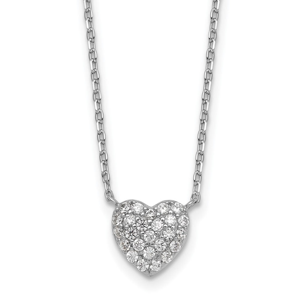 Sterling Silver Rhodium-plated Polished Pave CZ Heart 16 Inch with 2 Inch Extension Necklace 16 Inches