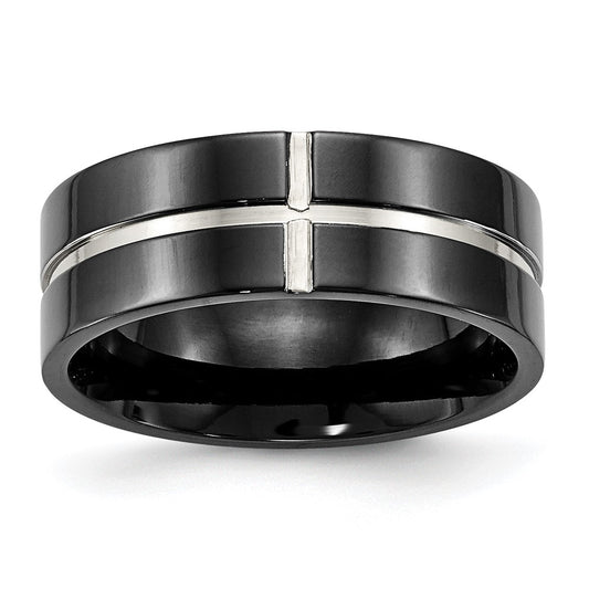 Titanium Polished Black IP-plated 8mm Grooved Comfort Fit Band Size - 9