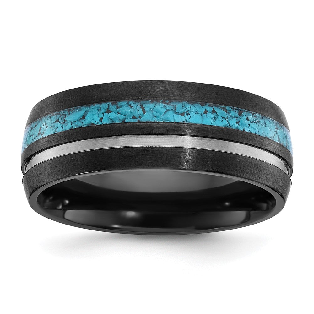 Chisel Black Zirconium Brushed and Polished with Imitation Turquoise Inlay 8mm Band Size - 8.5