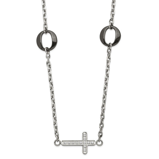 Stainless Steel & Black Ceramic Polished Sideways CZ Cross Necklace