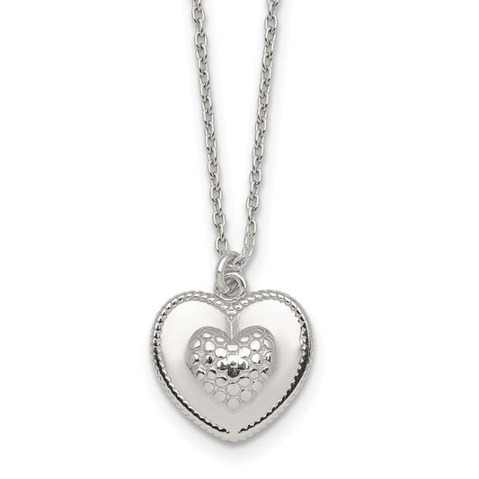 Sterling Silver Polished and Textured Heart w/ 2in Ext Necklace 16 Inches