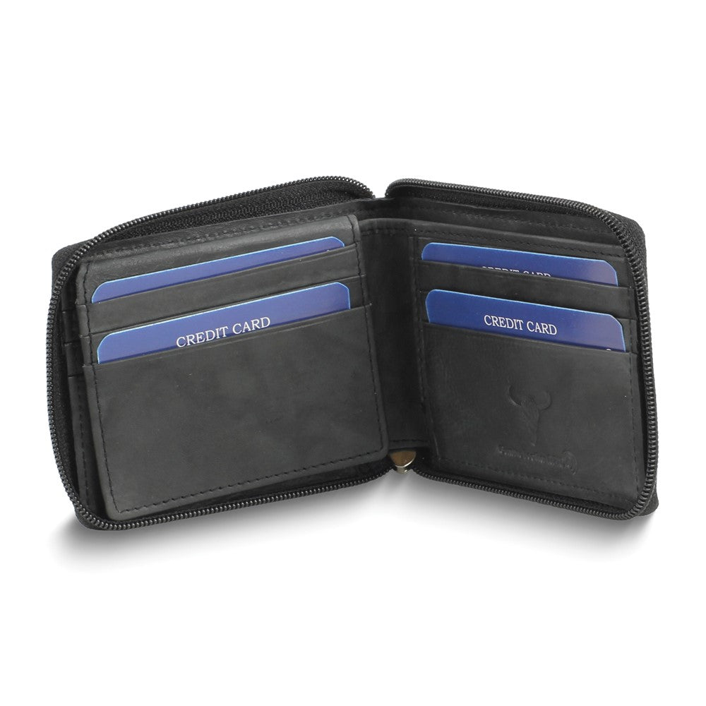 Black Leather RFID Blocking Zip Around Top Flap Wallet